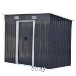 4×8ft Metal Frame Garden Storage Shed Steel Tool House with Sliding Door Free Base