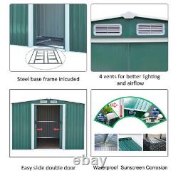 8x8ft Metal Garden Shed Apex Roof Outdoor Tools Box Storage House with Free Base
