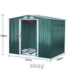 8x8ft Sloping Roof Garden Shed Green Outdoor Tool Storage Metal Shed Free Base