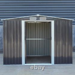 Dark Grey 8x8ft Garden Shed Metal Storage House Apex Roof Outdoor + Foundation