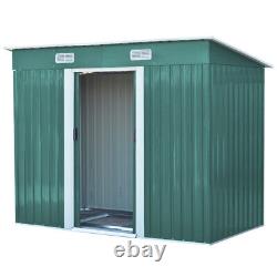 Green 8x4ft Garden Shed Metal Outdoor Storage House Pent Roof Toolshed with Base