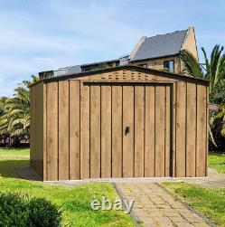 Abri de jardin en métal avec toit en pente, aspect bois, pour vélos avec portes coulissantes en extérieur