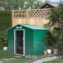 Abri de jardin en métal de 9x6 pieds avec porte de stockage et toit, conteneur vert.