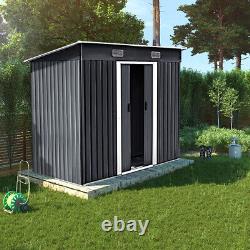 Abri de jardin en métal gris foncé de 4x6ft avec toit pentu, remise de jardin pour outils d'extérieur avec base gratuite.