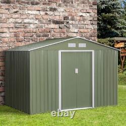 Cabane de jardin de rangement extérieure Outsunny 9 X 6FT avec porte coulissante en métal galvanisé vert.